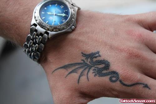 Winged Dragon Tattoo On Left Hand