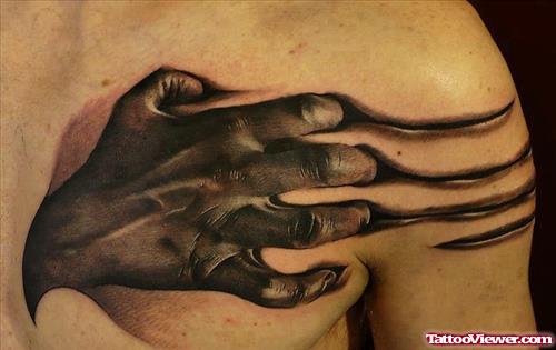 Grey Ink 3D Hand Tattoo On Chest