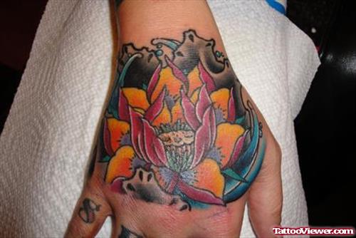 Color Lotus Flower Hand Tattoo