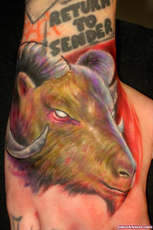 Color Ink Goat Head Hand Tattoo