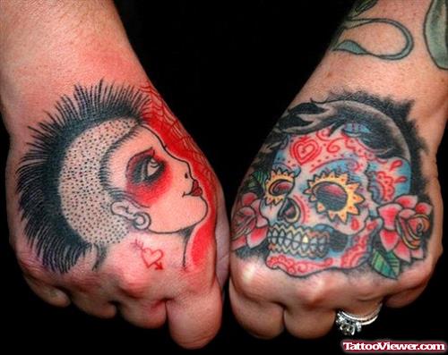 Amazing Colored Sugar Skull Tattoos On Both Hands