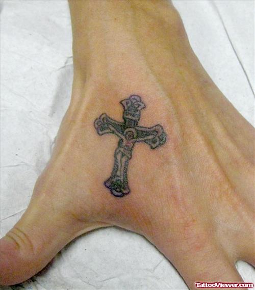 Grey Ink Cross Hand Tattoo