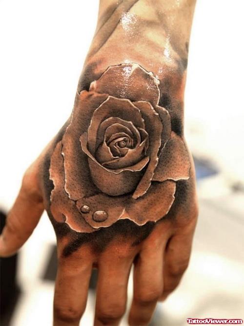 Grey Ink 3D Rose Flower Tattoo On Left Hand