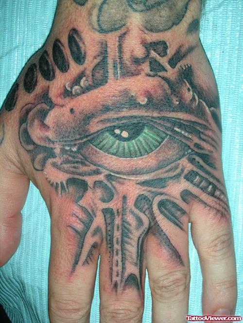 Grey Ink Eye Hand Tattoo