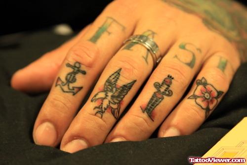 Fast Anchor, Eagle, Dagger And Flower Tattoo On Fingers