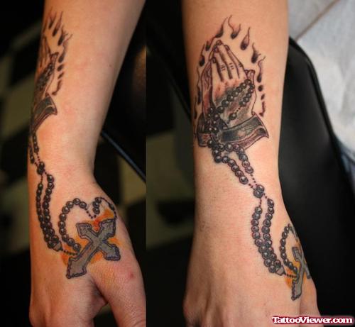 Rosary Cross And Praying Hands Tattoos