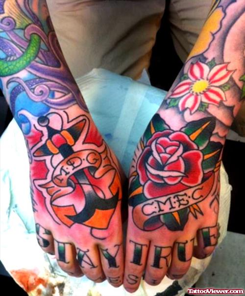 Red Rose And Nachor Tattoos On Both Hands