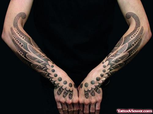Grey Ink Wings Hand Tattoos