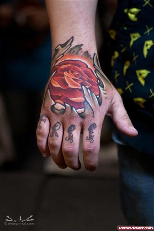 Amazing Color Red Rose Hand Tattoo