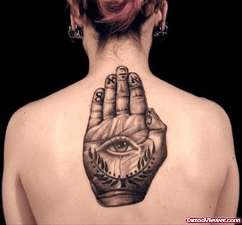 Grey Ink Hamsa Hand With Eye  Tattoo On Back