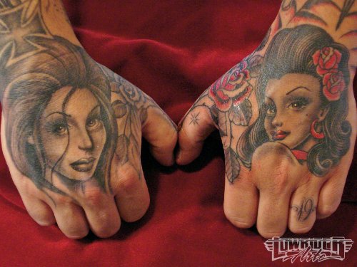 Grey Ink Girl Portrait Hand Tattoo