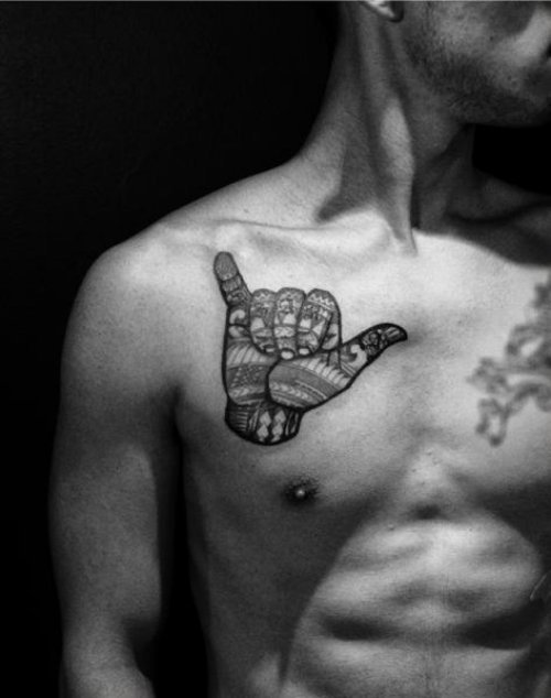 Grey Ink Hand Tattoo On Man Chest