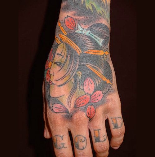 Colored Geisha Left Hand Tattoo