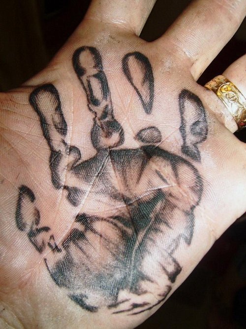 Grey Ink Hand Print Tattoo On Palm