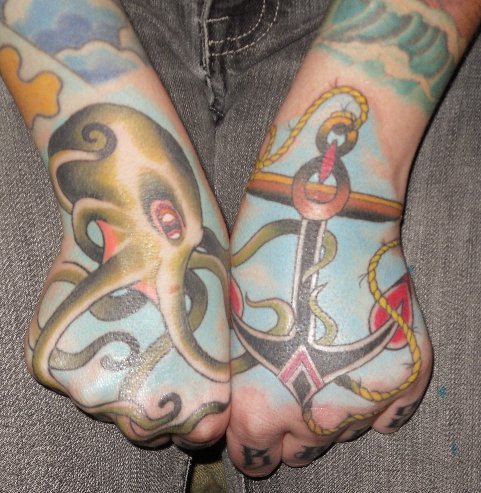 Anchor And Octopus Hand Tattoos