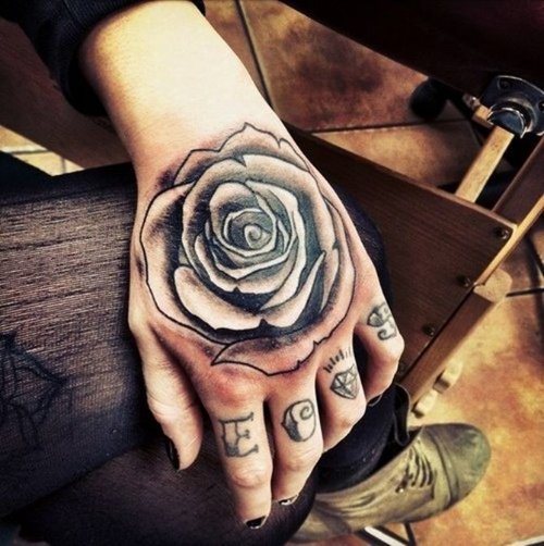 Black Ink Rose Tattoo On Hand