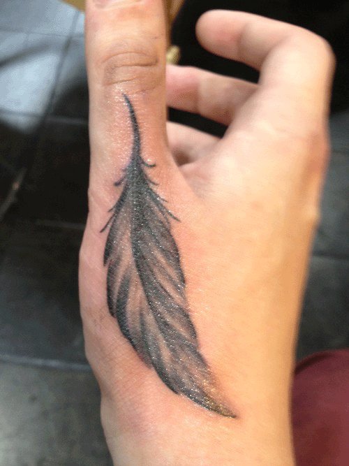 Grey Ink Feathers Hand Tattoo