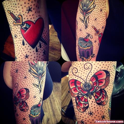 dagger heart flower butterfly cake tattoo on hand