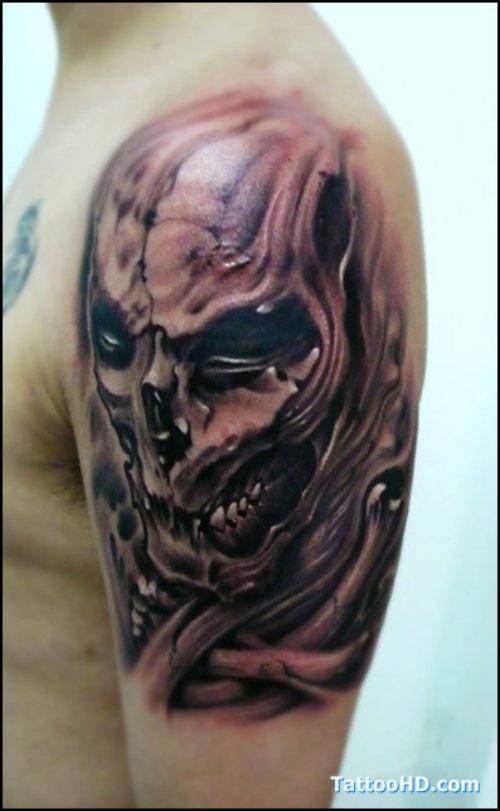 Skull and Harley Tattoo On Left Shoulder