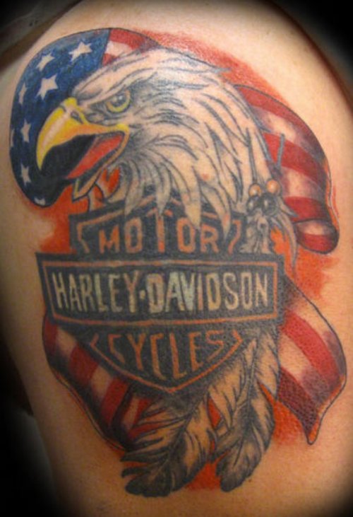 Color Ink Eagle Head And Harley Tattoo