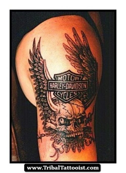 Harley Davidson Tribal Tattoo On Left Shoulder