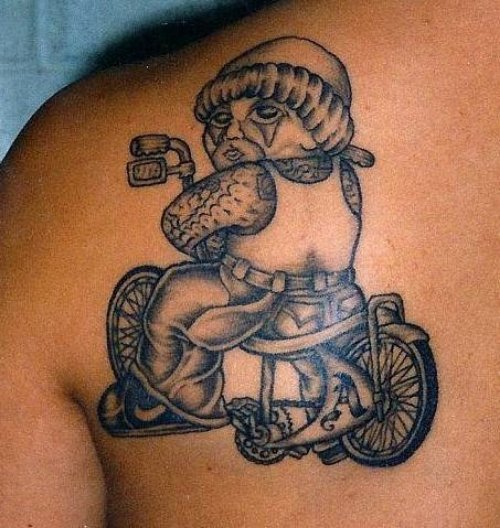 Black And Grey Harley Tattoo on Left Back Shoulder