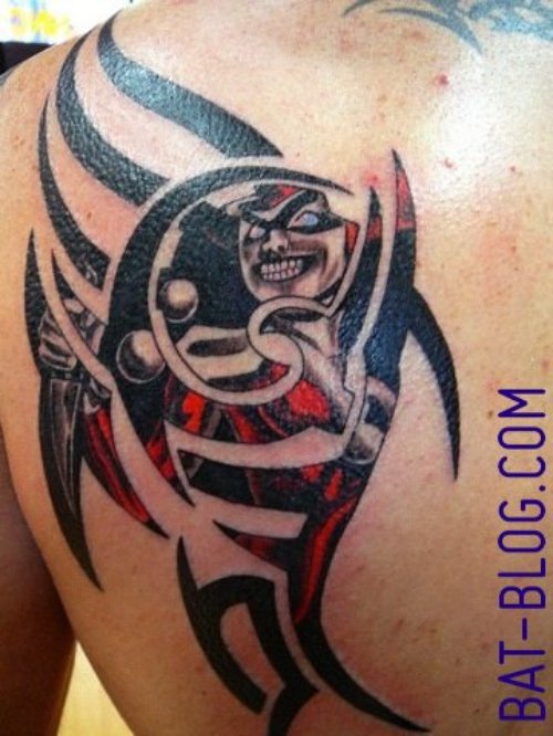 Black Tribal And Harley Tattoo On Left Back Shoulder