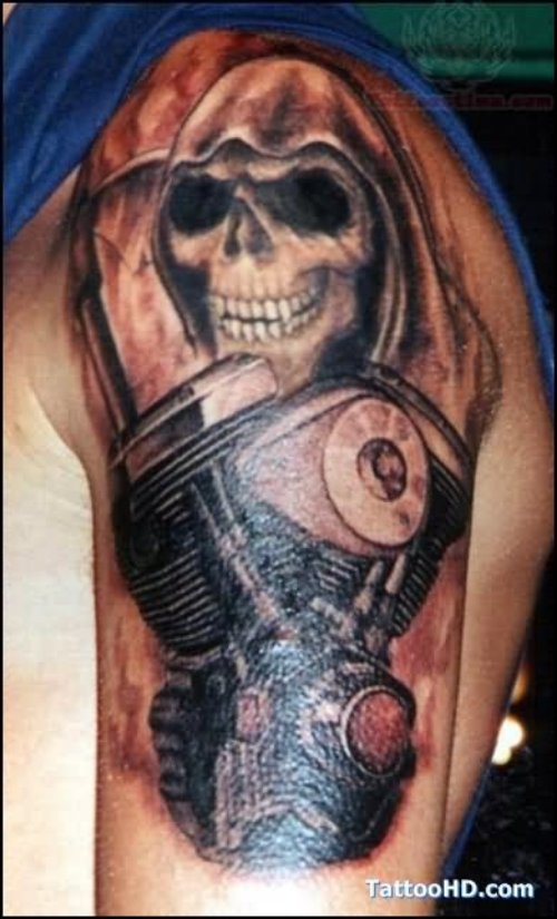 Dark Grey Ink Harley Tattoo On Left Half Sleeve For Men