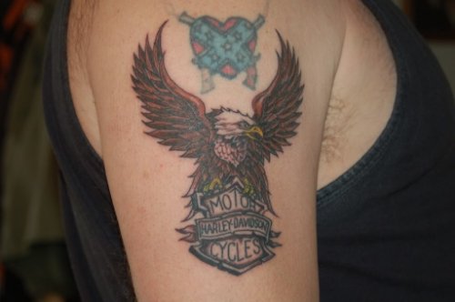 Guns And Flying Eagle Harley Tattoo On Right Half Sleeve