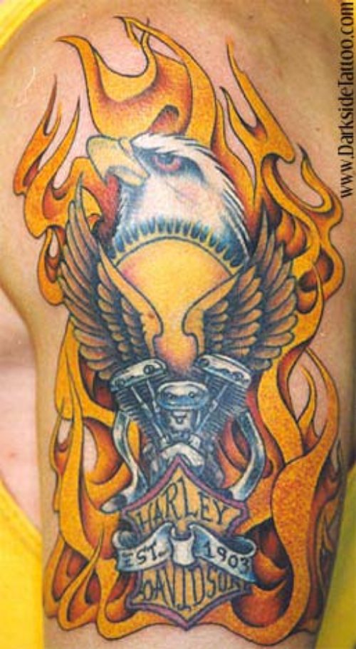 Flmaing Harley Tattoo on Left Sleeve