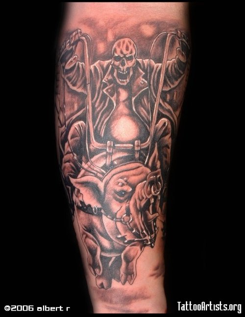 Grey Ink Harley Tattoo On Man Right Sleeve