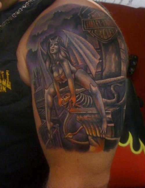 Harley Tattoo On Man Left Shoulder