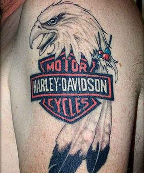 Eagle Head Harley Tattoo on Left Shoulder
