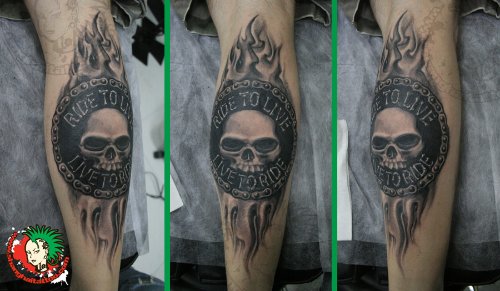 Grey Ink Skull Harley Tattoo