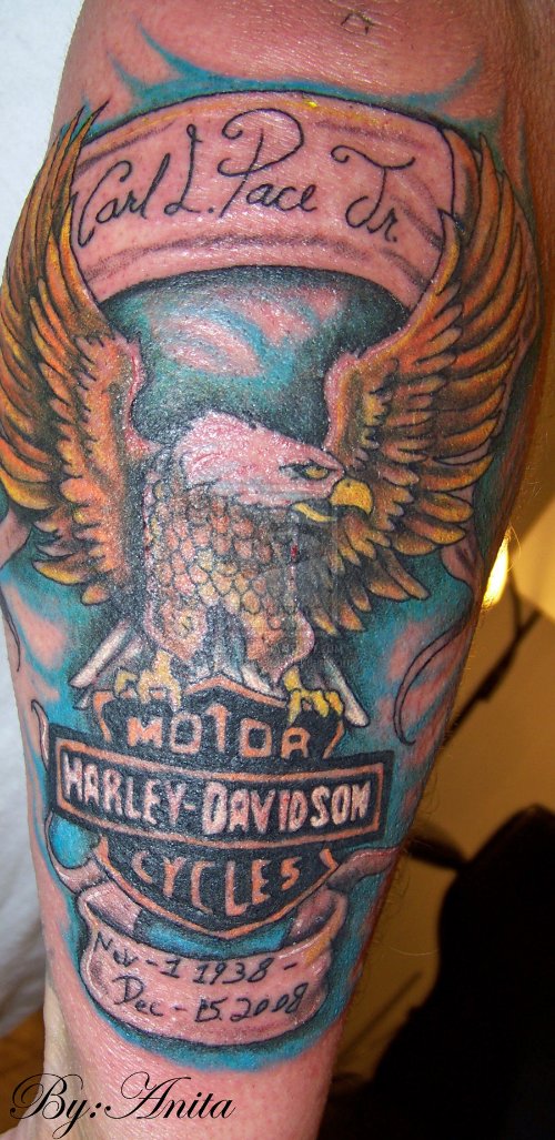 Color Open Wings Harley Tattoo On Leg Sleeve