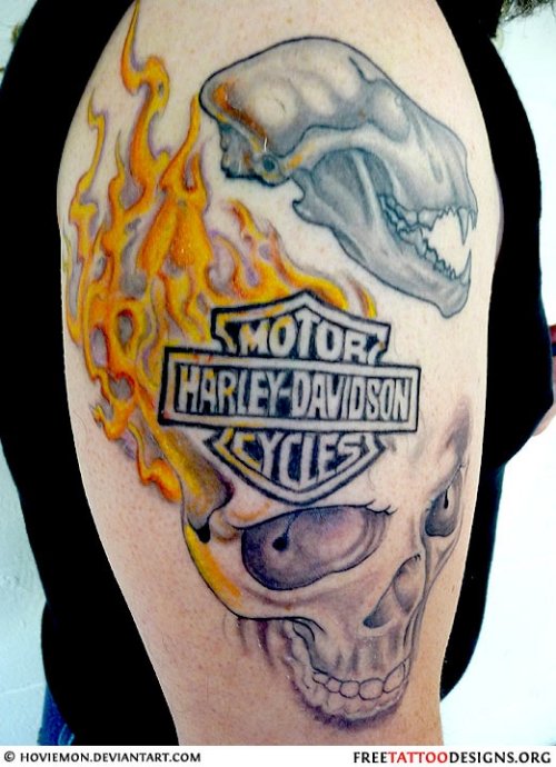 Flaming Harley Tattoo On Man Right Half Sleeve