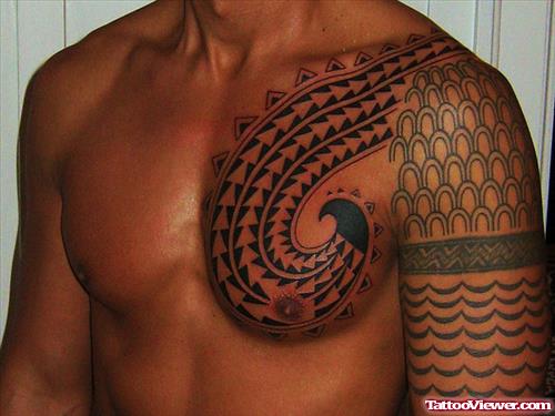 Hawaiian Tattoo On Chest And Left Half Sleeve