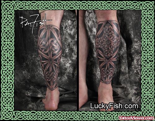 Grey Ink Celtic Hawaiian Tattoo On Leg