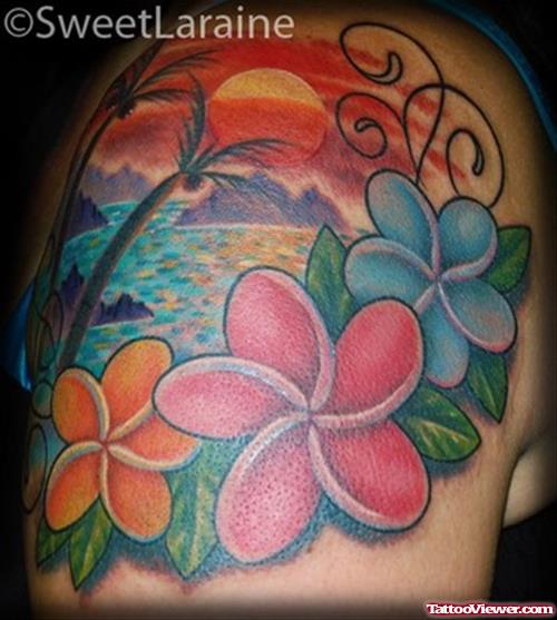 Hawaiian Colored Flowers Tattoos On Shoulder