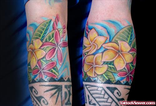Colored Flowerd Hawaiian Tattoos On Arm