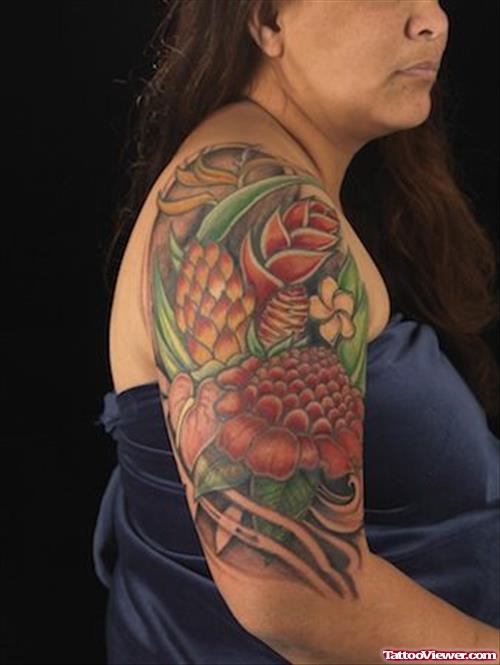 Amazing Colored Hawaiian Tattoo On Right Half Sleeve
