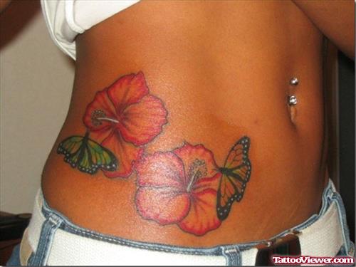 Color Flowers Hawaiian Tattoo On Girl Side Rib