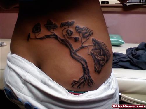 Grey Ink Hawaiian Island Tree Tattoo On Back