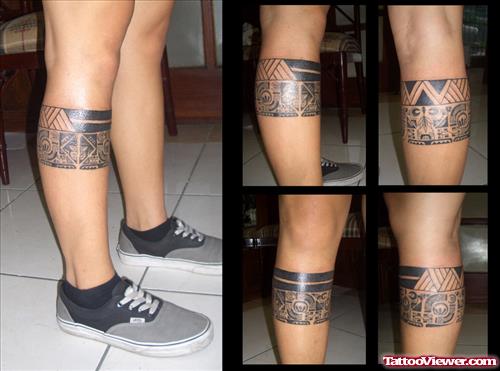 Black Ink Hawaiian Tattoos On Leg