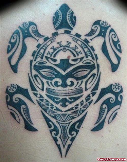 Amazing Black Tribal Turtle Hawaiian Tattoo On Back