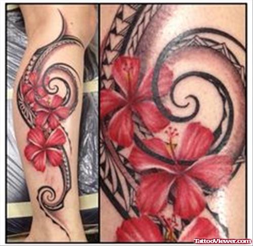 Hawaiian Tribal And Red Flowers Tattoo