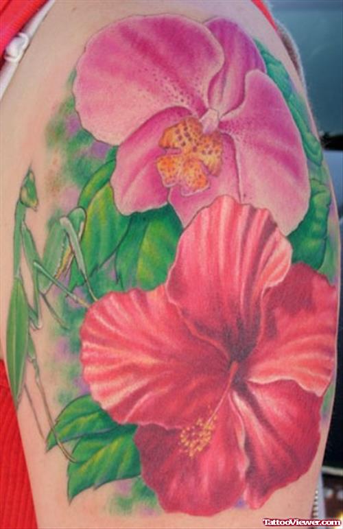 Colored Hawaiian Flowers Tattoos On Right Half Sleeve