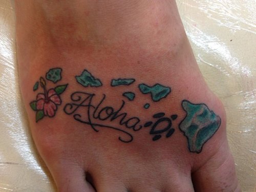 Aloha Hawaiian Flower Tattoo On Right Foot
