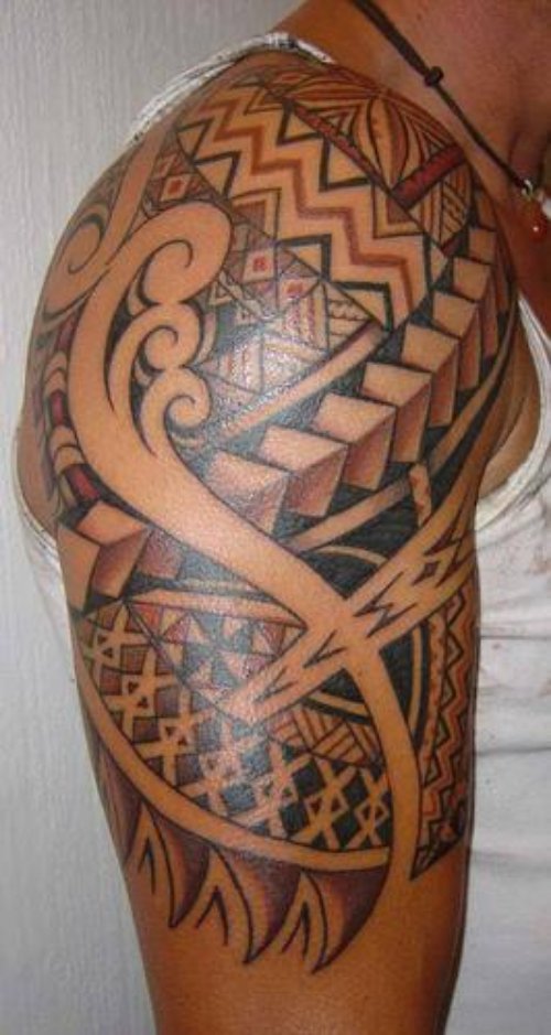 Awful Hawaiian Tattoo On Man Right Half Sleeve