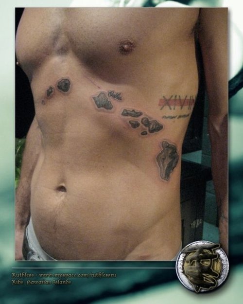 Grey Ink Hawaiian Tattoo On Man Side